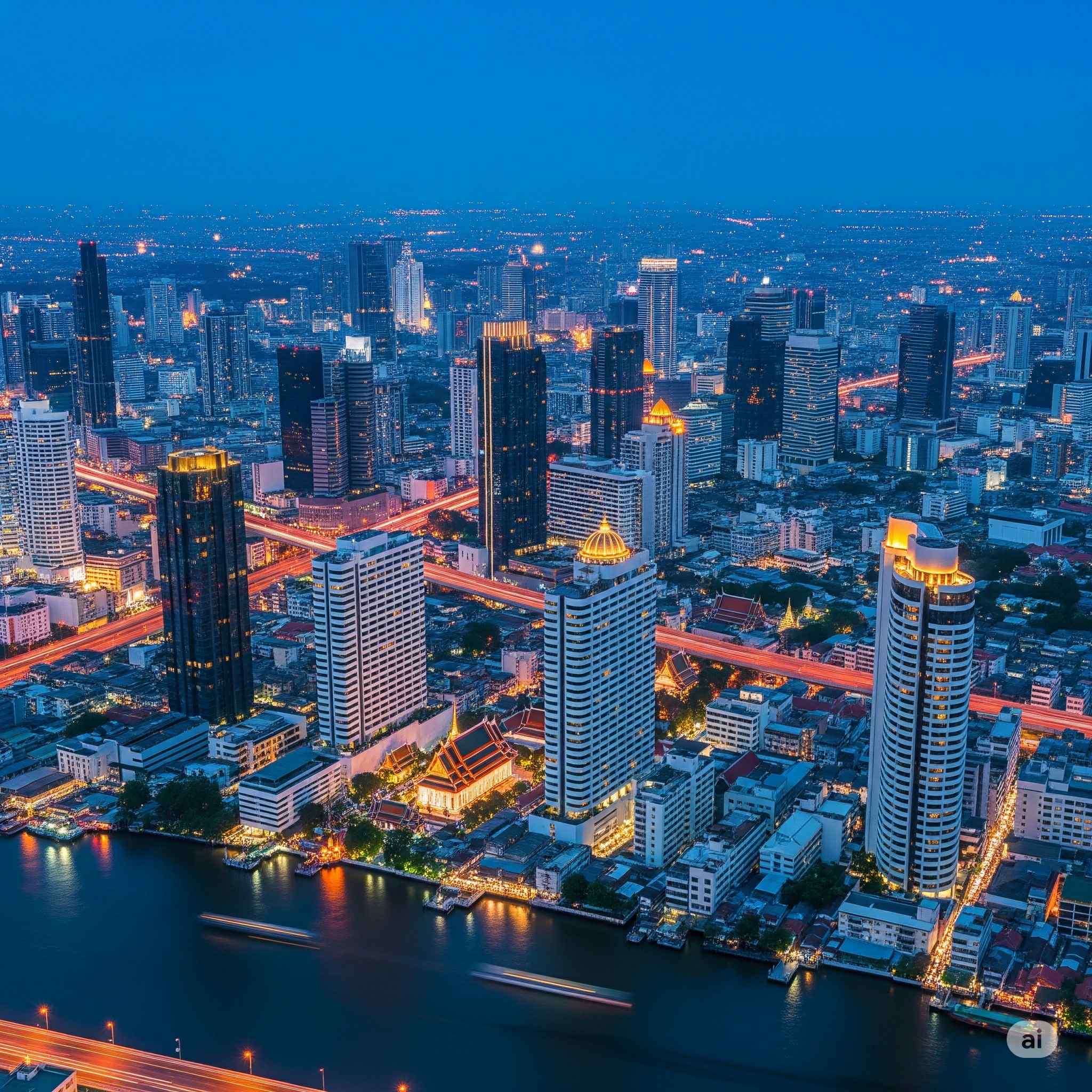 Bangkok skyline at night - private taxi service across Thailand